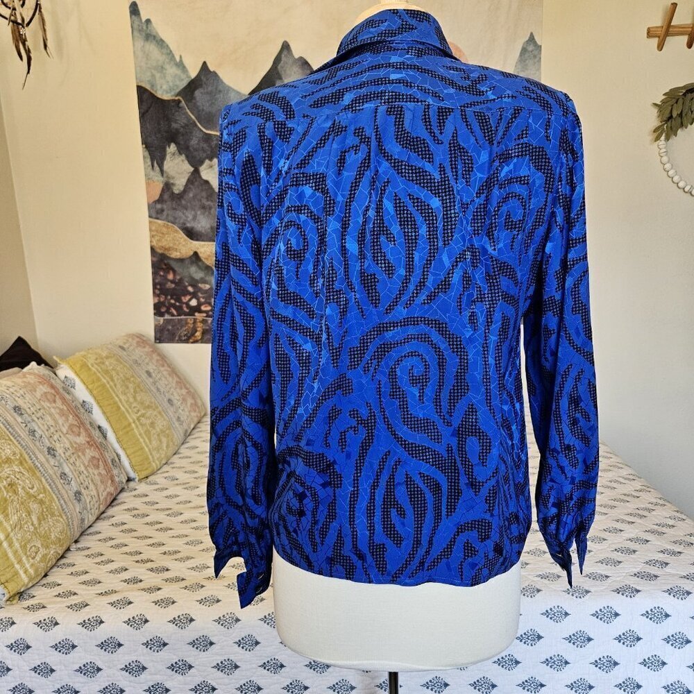 Vintage Francesca of Damon Silk Blouse 6 Blue Animal Print Neiman Marcus - Picture 9 of 13